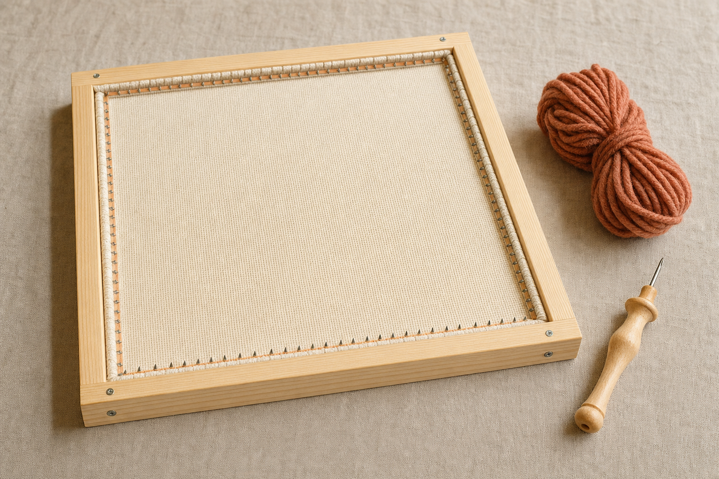 A finished DIY punch needle lap frame: a square of pine 1×2 boards butt-joined at the corners, with carpet tack strip along the inside top edge of each side, holding a piece of cream monks cloth drum-tight. A skein of terracotta wool yarn and a wooden Oxford punch needle sit beside it for scale.