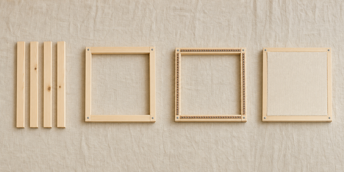 Four stages of the frame build shown left to right on a linen surface: four separate pine boards; the same boards assembled into an empty square frame with screws at each corner; the assembled frame with carpet tack strip attached along the inside edges of all four sides; and the completed frame with monks cloth stretched drum-tight across it.