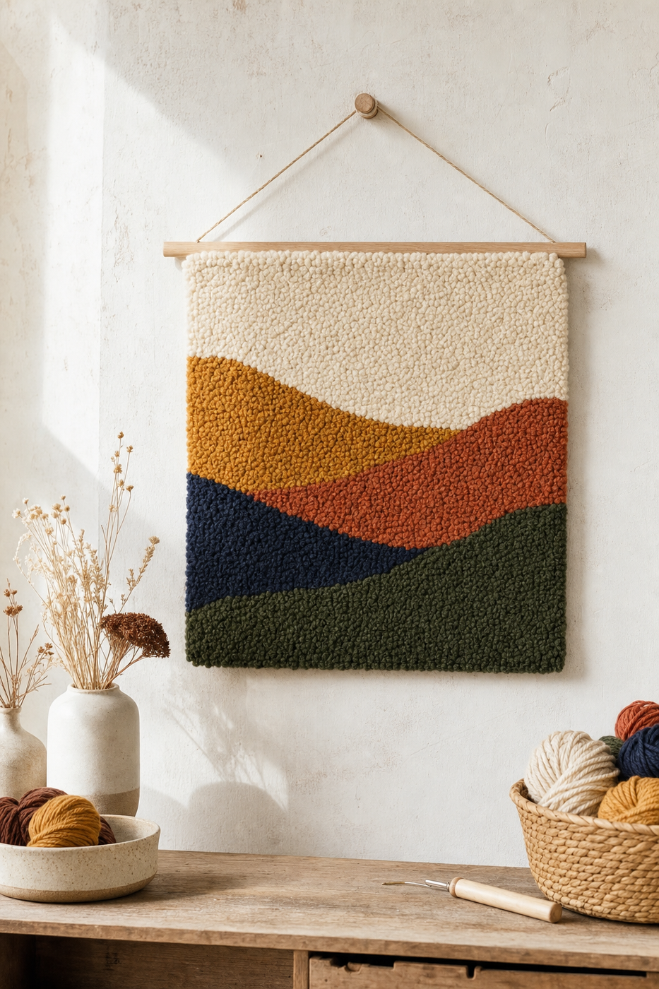 A finished punch needle wall hanging with landscape bands of cream, ochre, terracotta, deep navy, and forest green wool loops.