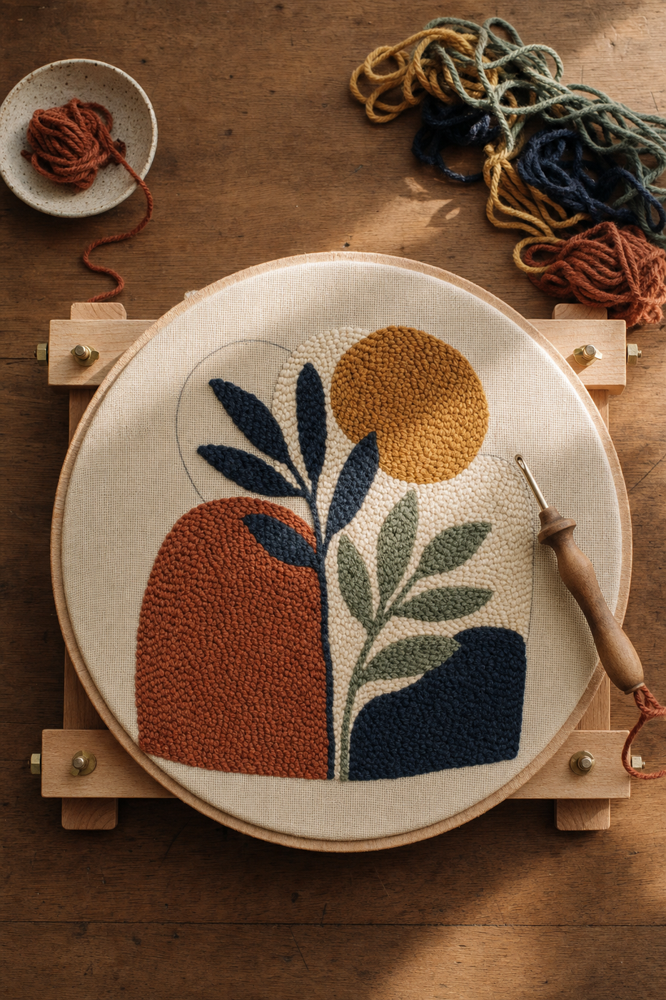 An in-progress punch needle rug on a wooden gripper frame, with terracotta, mustard, navy, and sage wool loops forming an abstract botanical design.