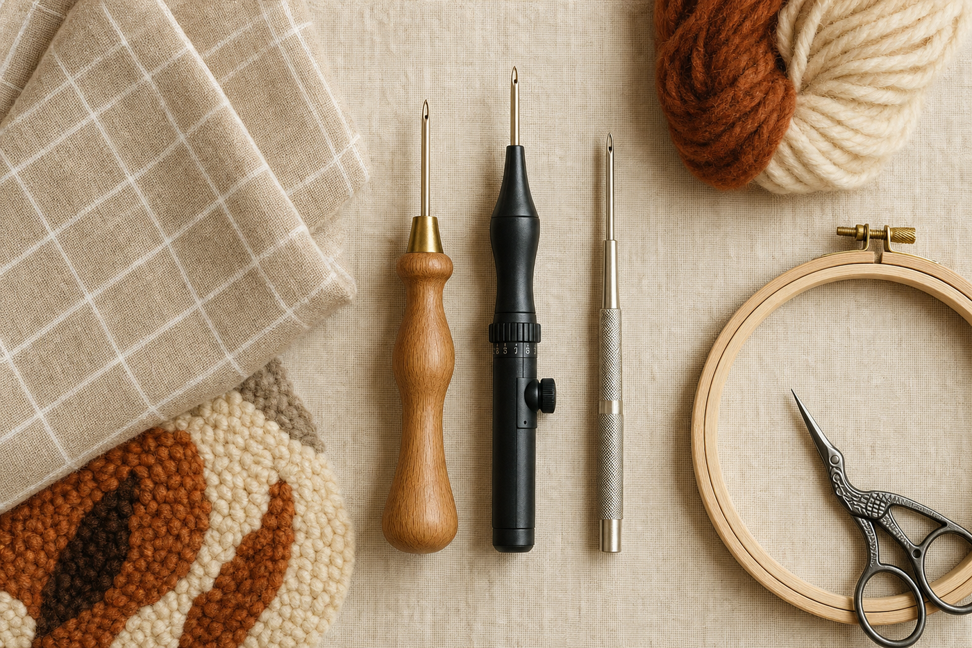 Flat lay of three punch needle types — wooden Oxford, black adjustable, and small fine embroidery — alongside monks cloth, wool yarn, a wooden hoop, and appliqué scissors on an oatmeal linen surface.