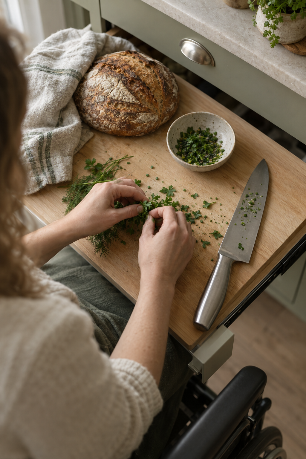 Overhead view of a person in a wheelchair prepping herbs on a wooden board that sits across an open kitchen drawer.