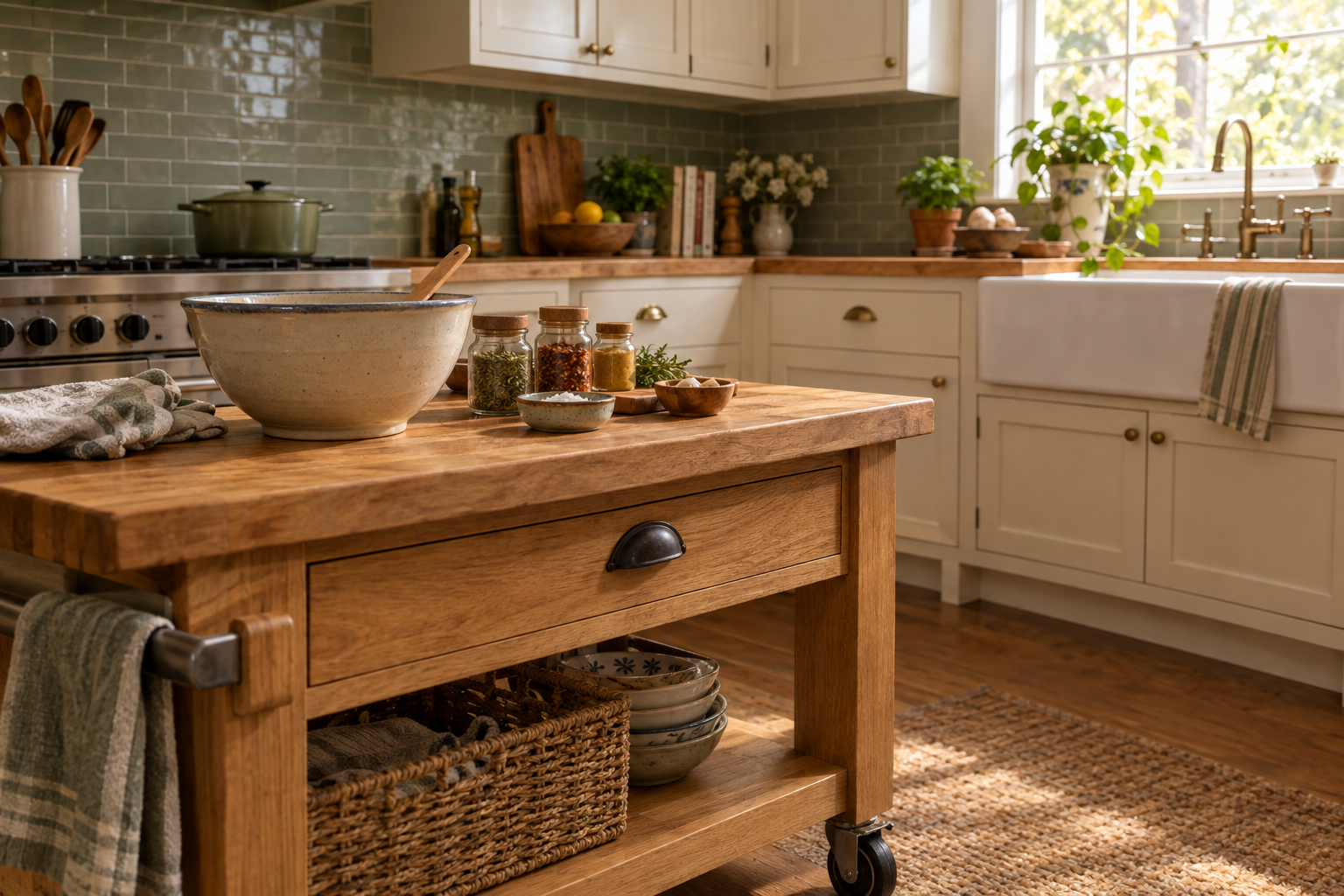 A wheelchair-height rolling wooden cart in front of standard cream-colored kitchen cabinets, with a mixing bowl, spoon, and spice jars arranged on top.