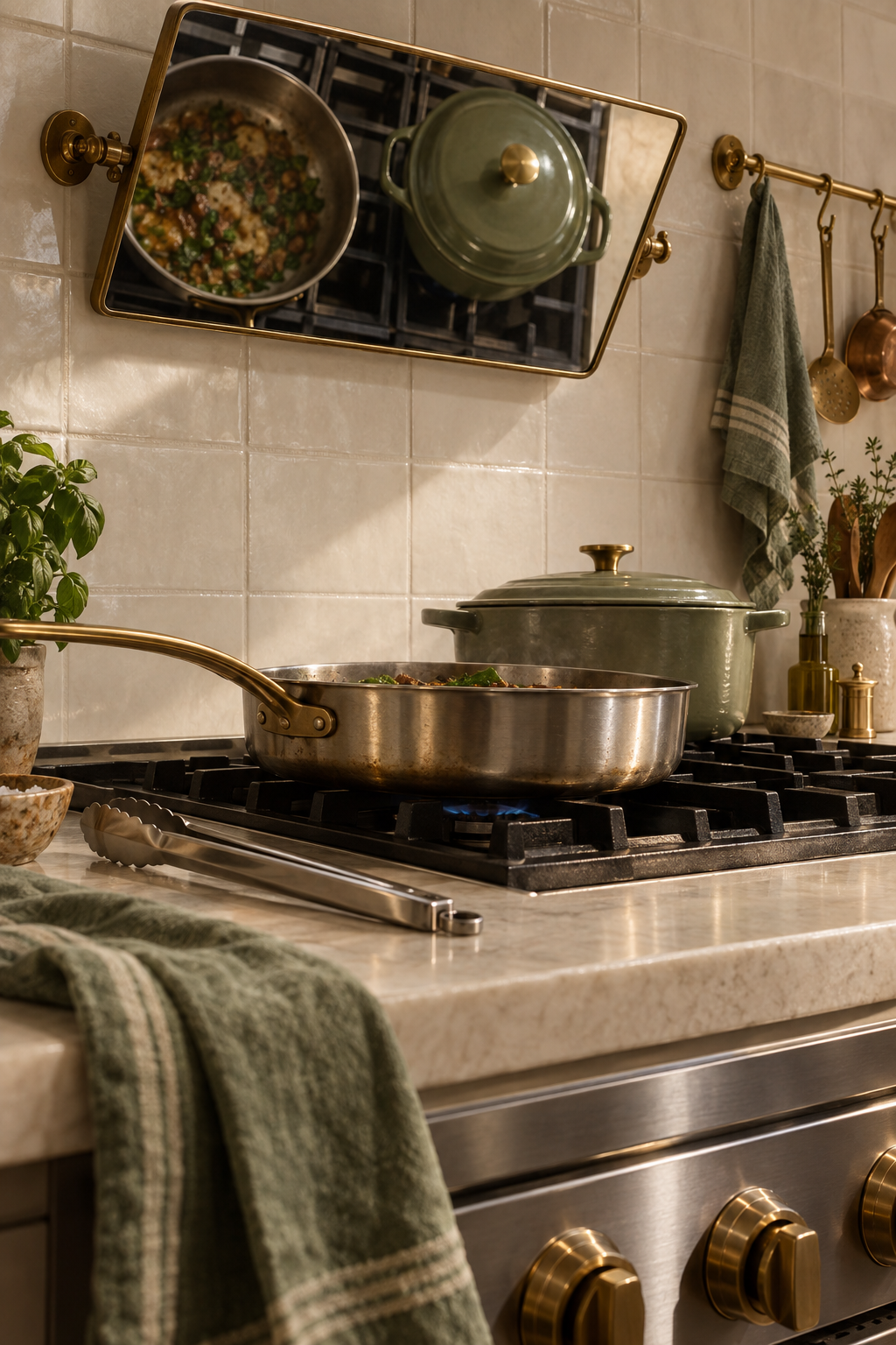 A small angled mirror mounted on the tile wall above a gas range, reflecting the tops of two pots on the burners.