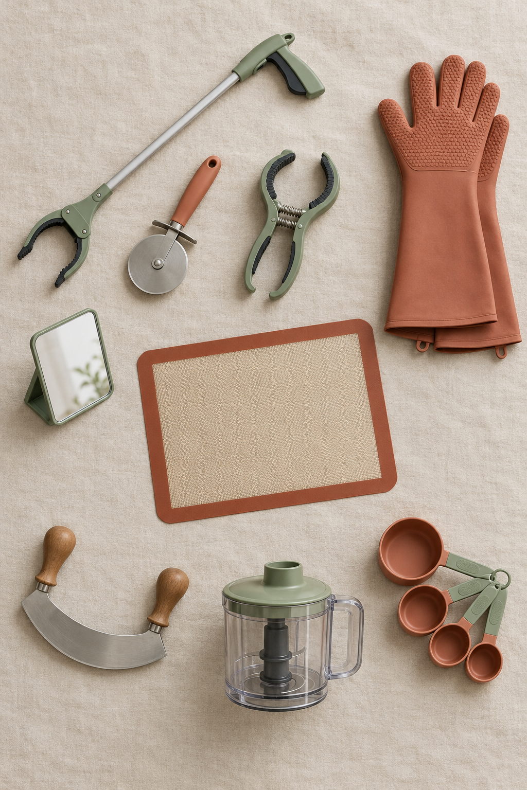Overhead flat-lay of adaptive kitchen tools on a cream linen surface: a reacher, pizza cutter, spring-loaded jar opener, silicone forearm oven mitts, a small angled mirror, a silicone baking mat, a mezzaluna, a small food processor, and measuring cups with easy-grip handles.